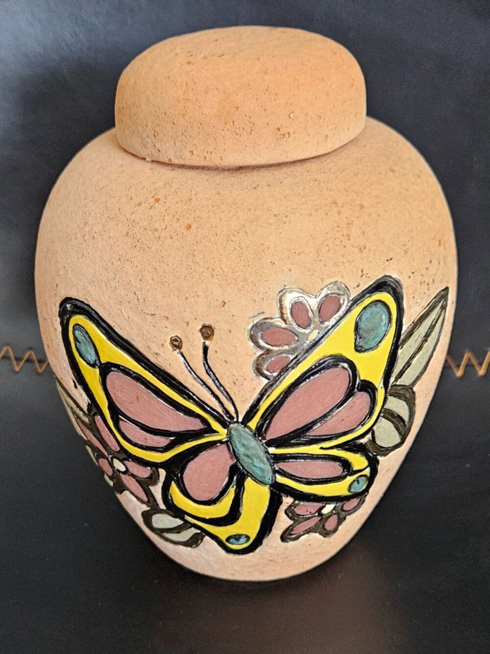 Native American Pottery vase Hand-Painted Butterfly in Yellow and Pink